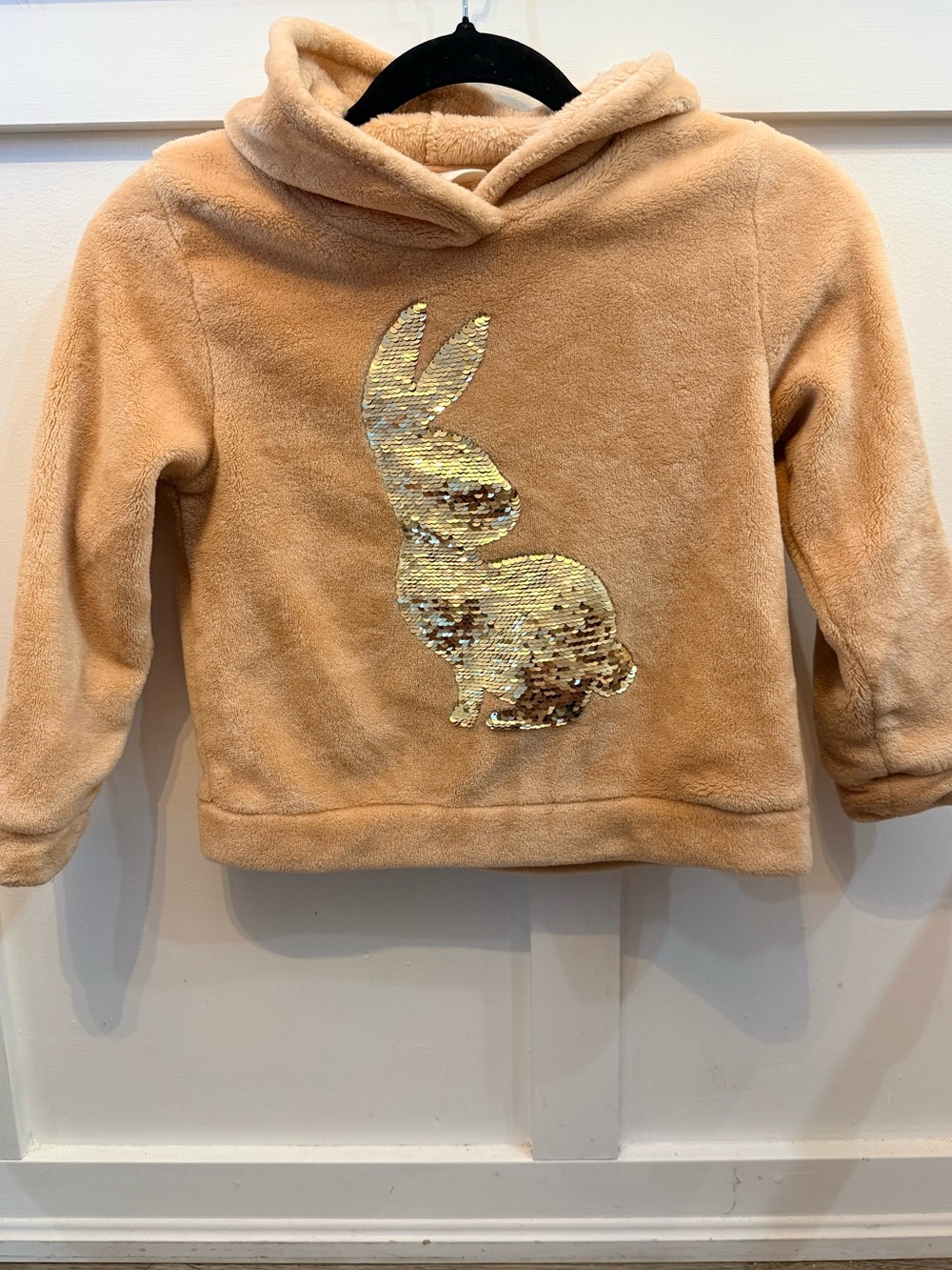 🌿4/$25 • H&M Tan Plush Hoodie with Gold Sequin Bunny